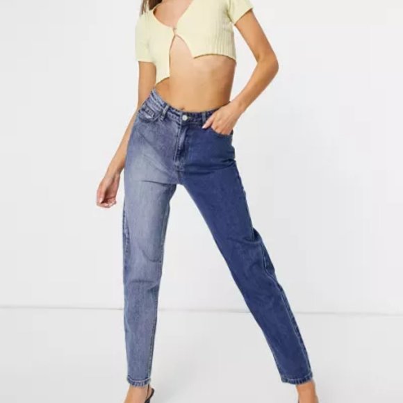 NWT ASOS Missguided Tonal Color Block Mom Jeans Denim Highrise Blue Size 4 - Picture 2 of 2